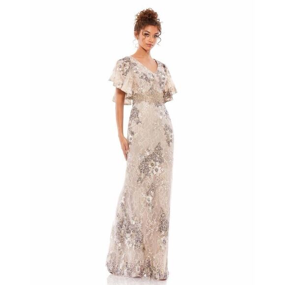 NWT Mac Duggal Bell Sleeve Embellished Gown in Taupe Size 8 - Picture 1 of 10